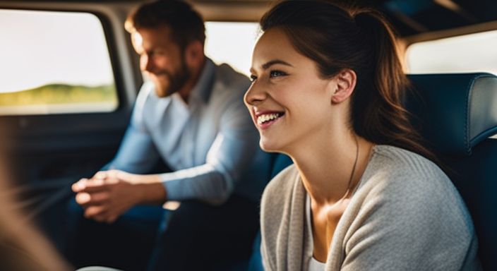 A happy family travels comfortably in a spacious minibus surrounded by luggage.
